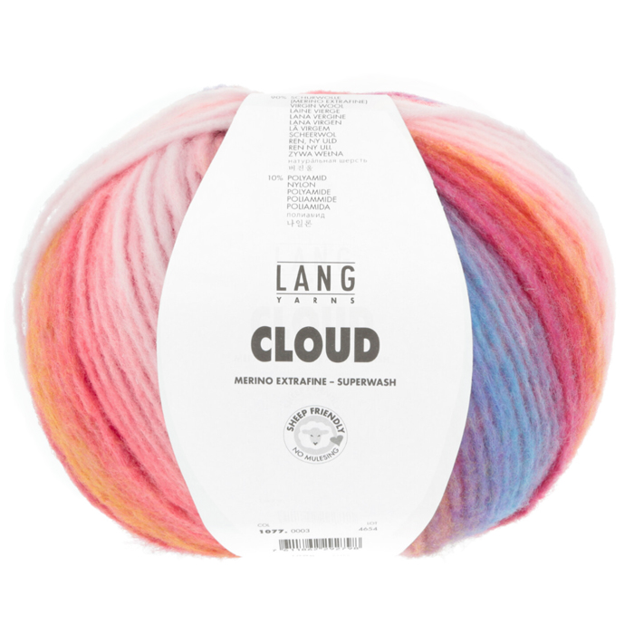 Lang Yarns Cloud chunky merino inneholder 90% Virgin wool (Merino extrafine – mulesing free) 10% Nylon Superwash. Garn lengde 260m / 100g. Strikkefasthet: 13 masker og 20 omganger på pinne 7 = 10 cm. Her i fargen 03.