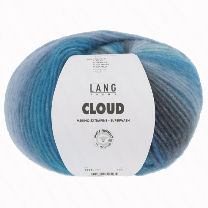 Lang Yarns Cloud chunky merino inneholder 90% Virgin wool (Merino extrafine – mulesing free) 10% Nylon Superwash. Garn lengde 260m / 100g. Strikkefasthet: 13 masker og 20 omganger på pinne 7 = 10 cm. Her i fargen 11.